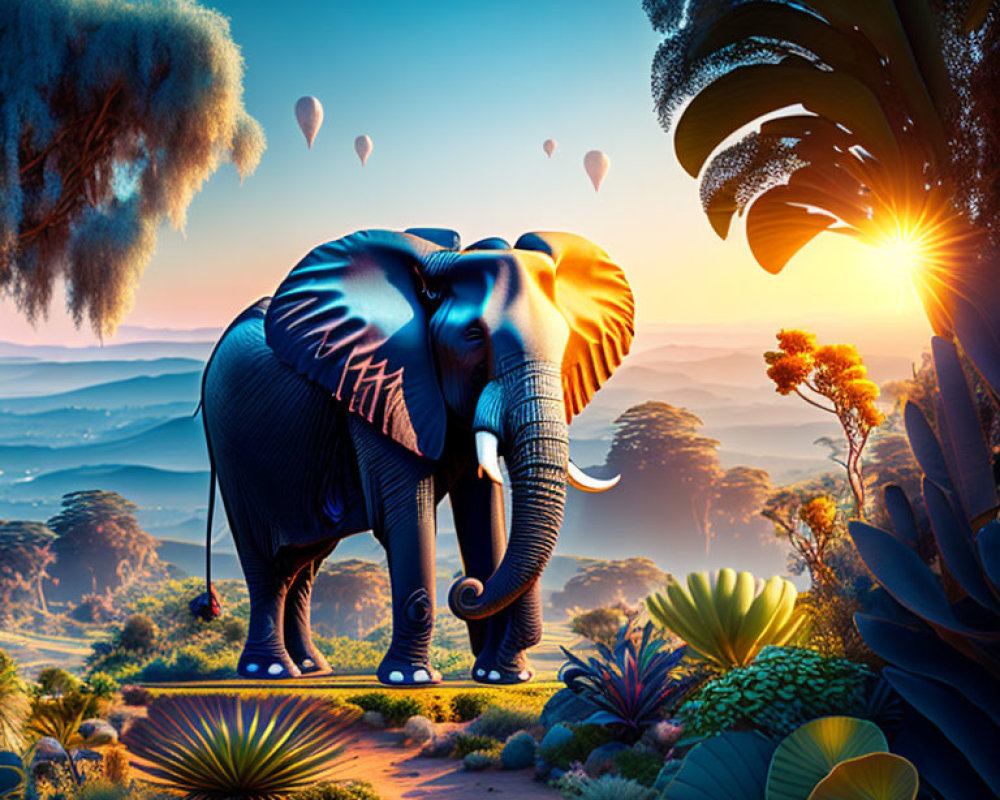 Colorful digital artwork: Elephant in sunlit landscape with hot air balloons