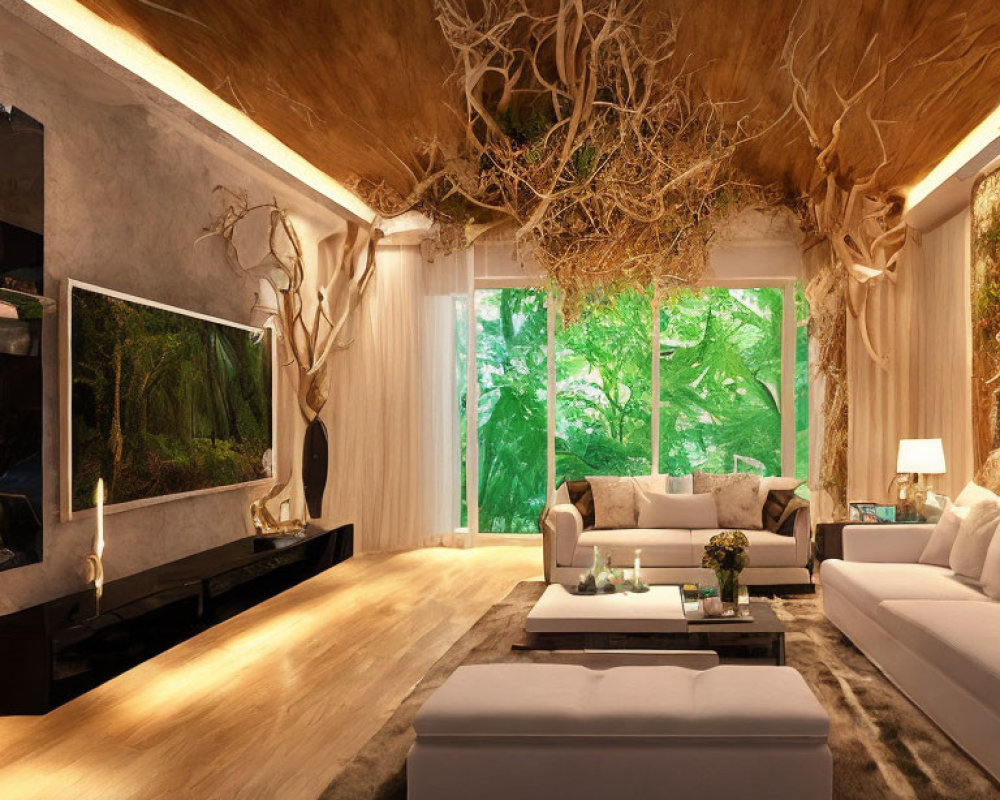 Nature-inspired modern living room with tree branches, large windows, sleek furniture, and warm lighting.