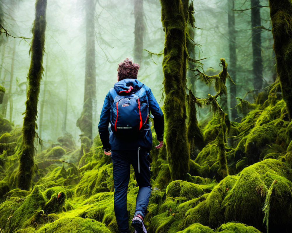 Hiker walking on mossy path through foggy forest