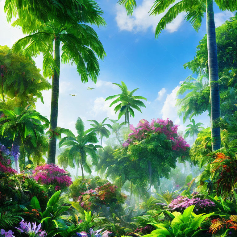Tropical Jungle Scene with Palm Trees, Flowers, Greenery, and Birds