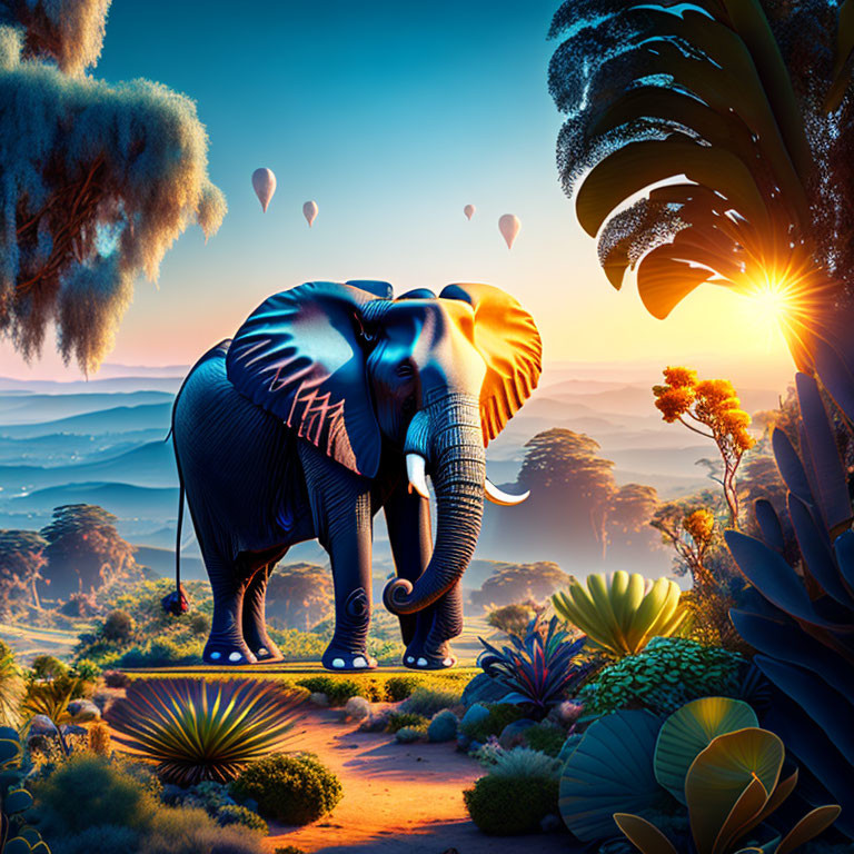 Colorful digital artwork: Elephant in sunlit landscape with hot air balloons