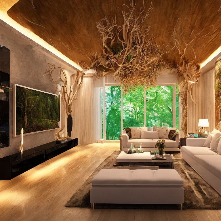 Nature-inspired modern living room with tree branches, large windows, sleek furniture, and warm lighting.