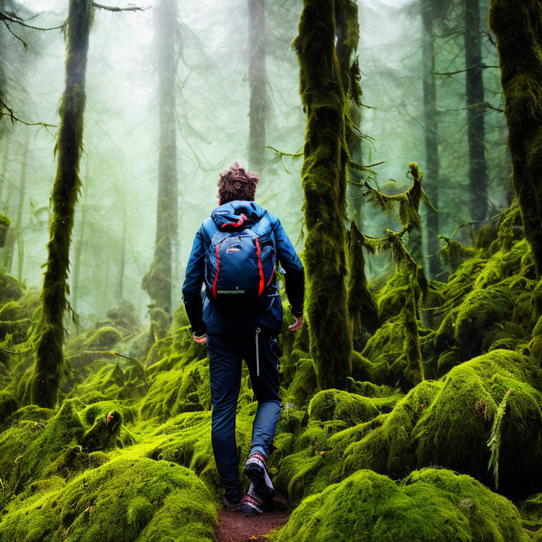 Hiker walking on mossy path through foggy forest