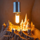 Detailed Sandcastle with Orange Glow and Tower Lights