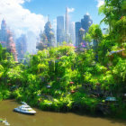 Futuristic cityscape with greenery, traditional architecture, and river boats
