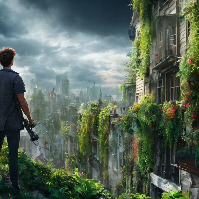 Man standing in front of overgrown urban ruins with dense foliage and dramatic sky