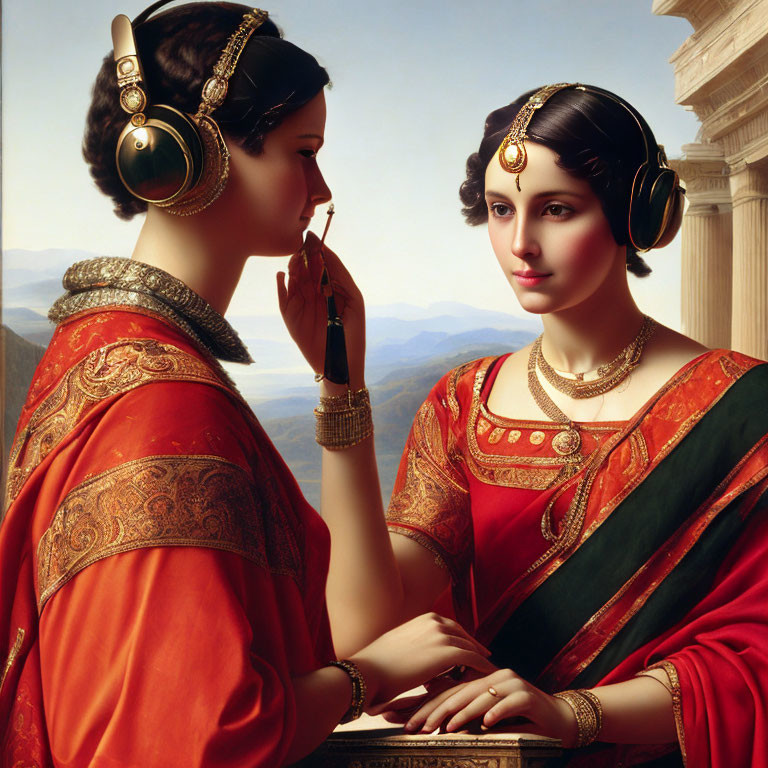 Two women in historical attire with ornate jewelry in a secretive moment