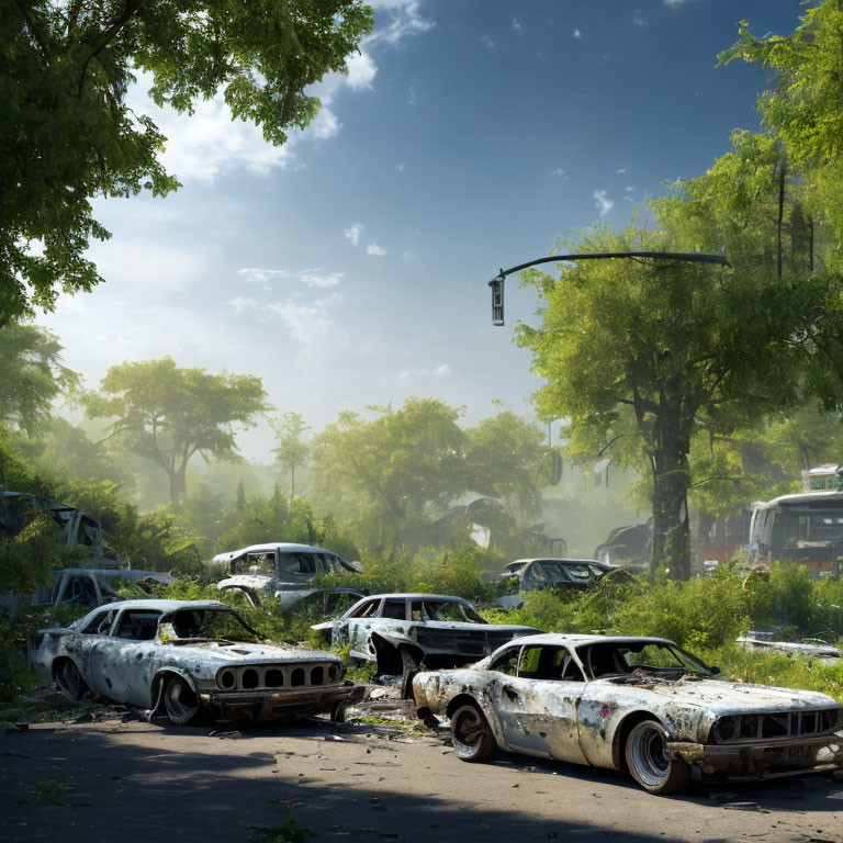 Abandoned cars and overgrown vegetation in post-apocalyptic street scene
