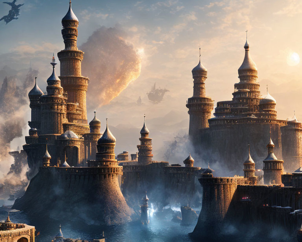 Majestic castles, ships, and dragons in fantasy landscape