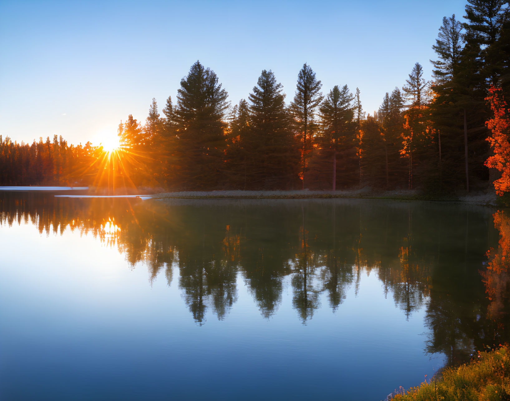 Tranquil lake sunset with pine tree reflection and autumn foliage.