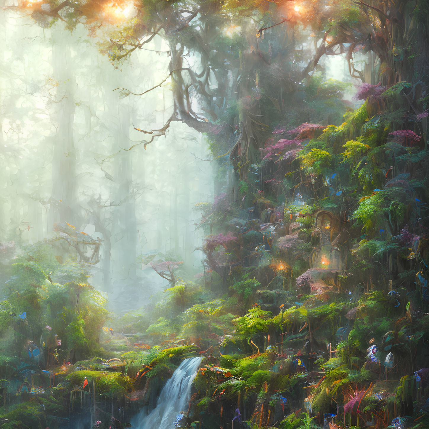 Lush Forest Scene with Waterfall and Hidden Door