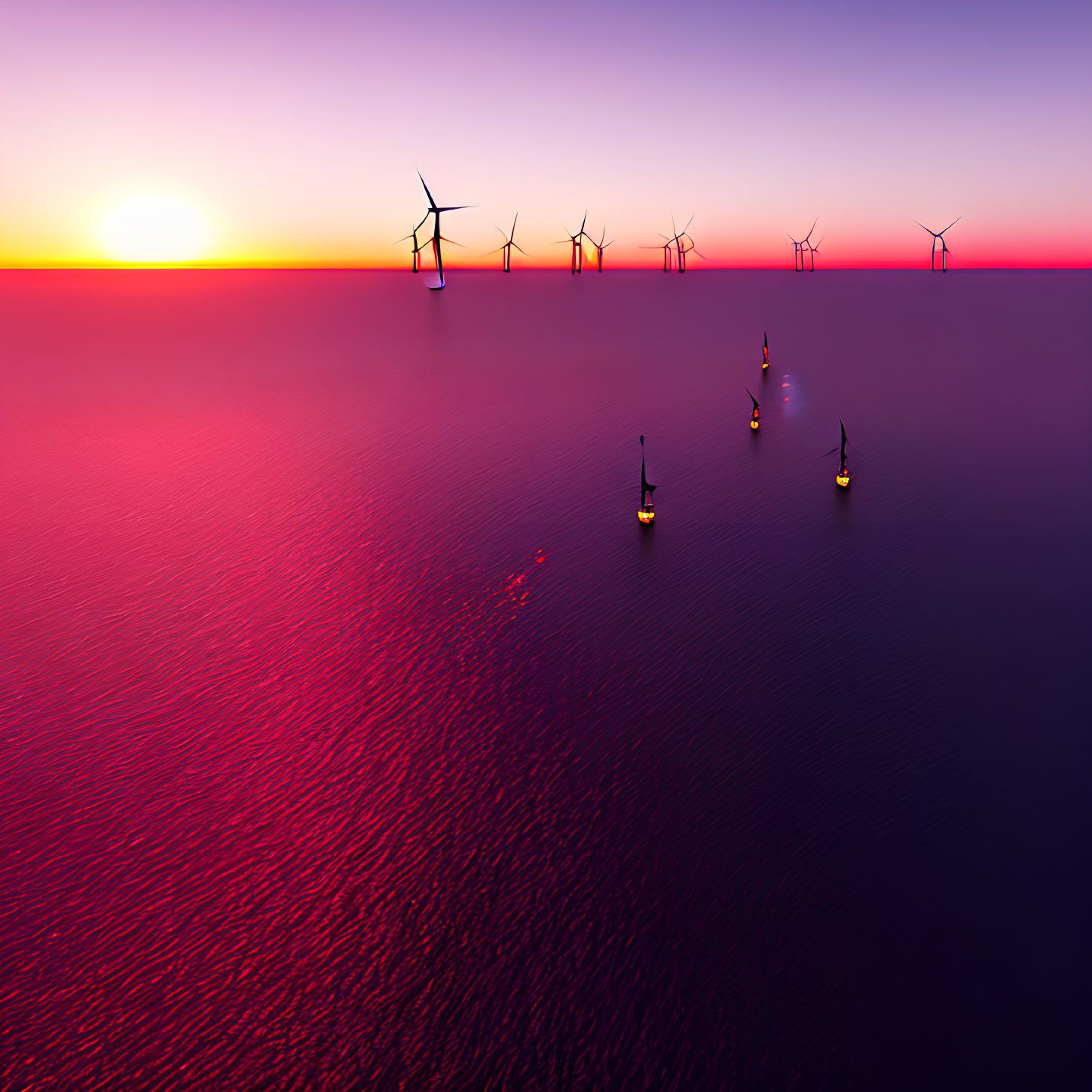 Scenic offshore wind turbines at sunset with boats on calm sea