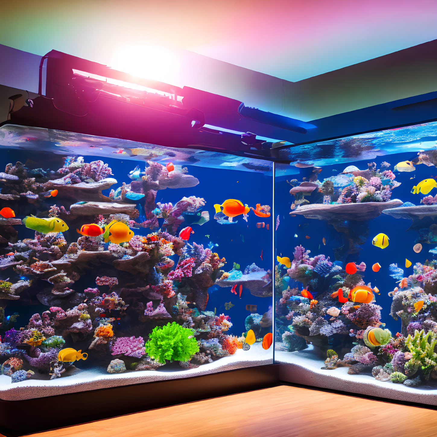 Colorful Coral and Tropical Fish in Brightly Lit Home Aquarium