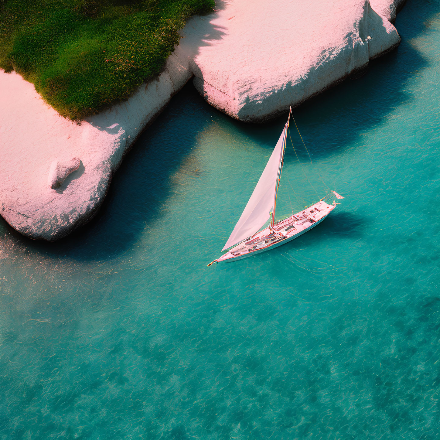 White sail sailboat navigating turquoise waters near pink shores with greenery