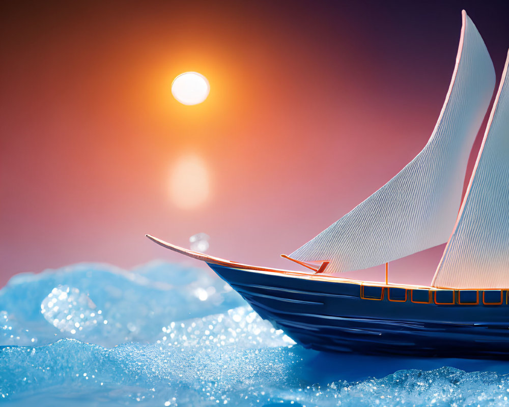 Miniature sailboat sailing on blue ice with surreal sun backdrop
