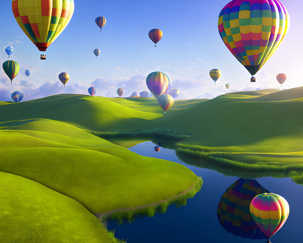 Vibrant hot air balloons over serene landscape with green hills & reflective lake
