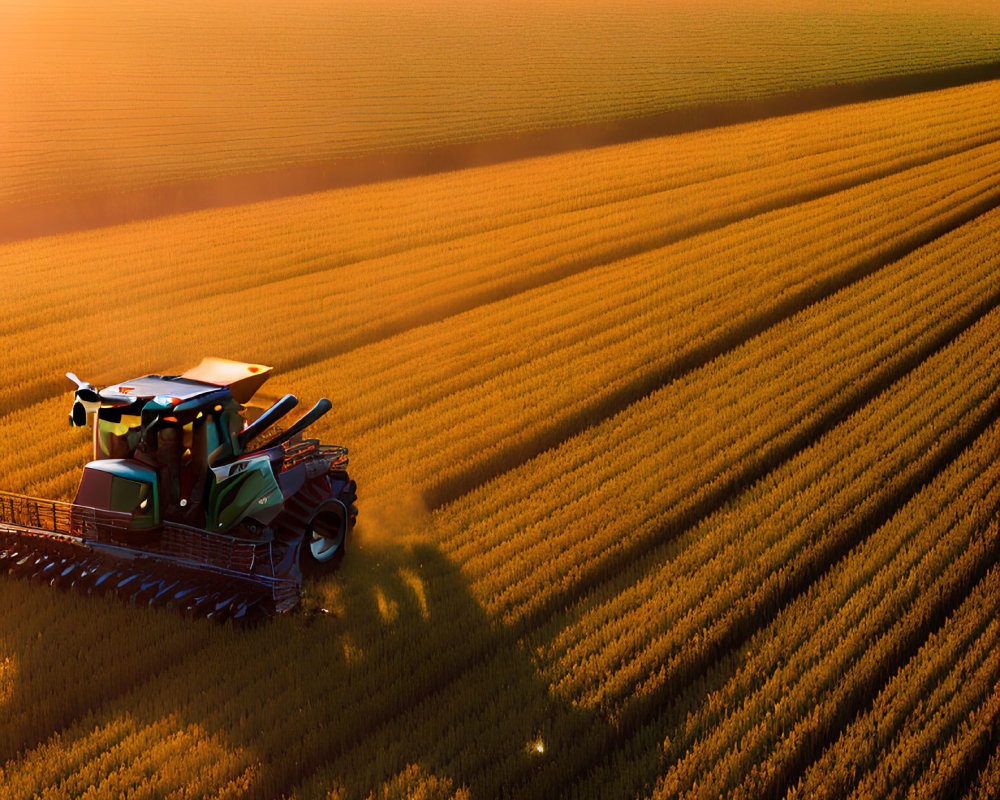 Green tractor harvesting golden crops in vast field at sunset