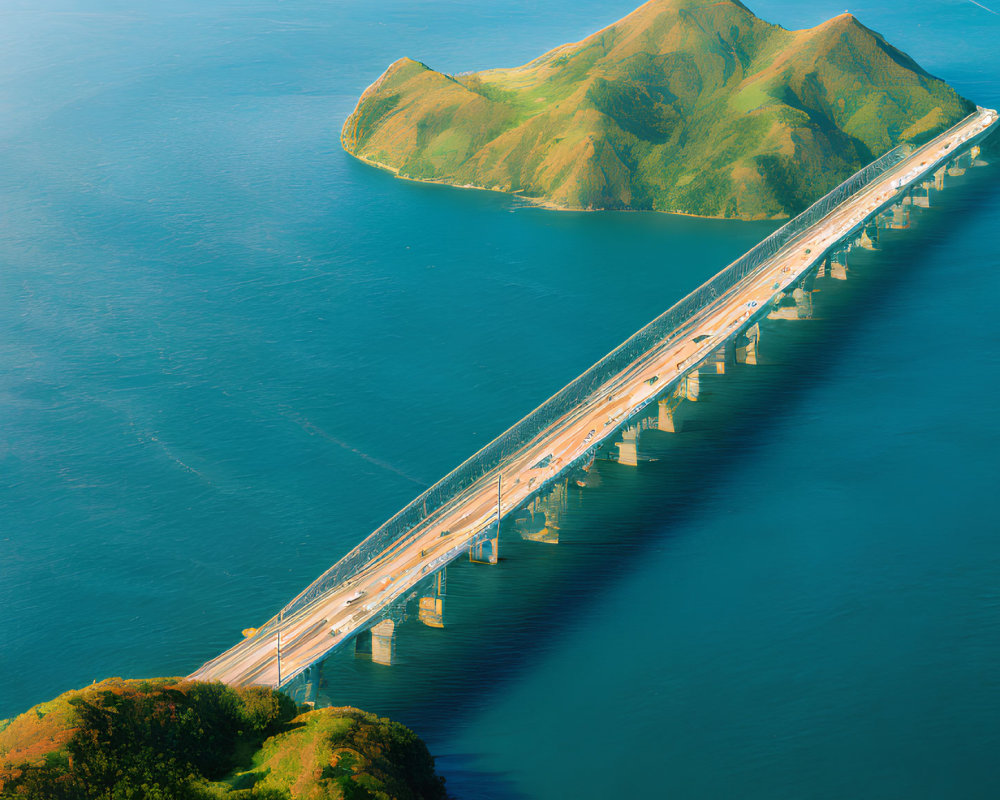 Long bridge over blue water connecting hilly peninsula to mountainous landscape