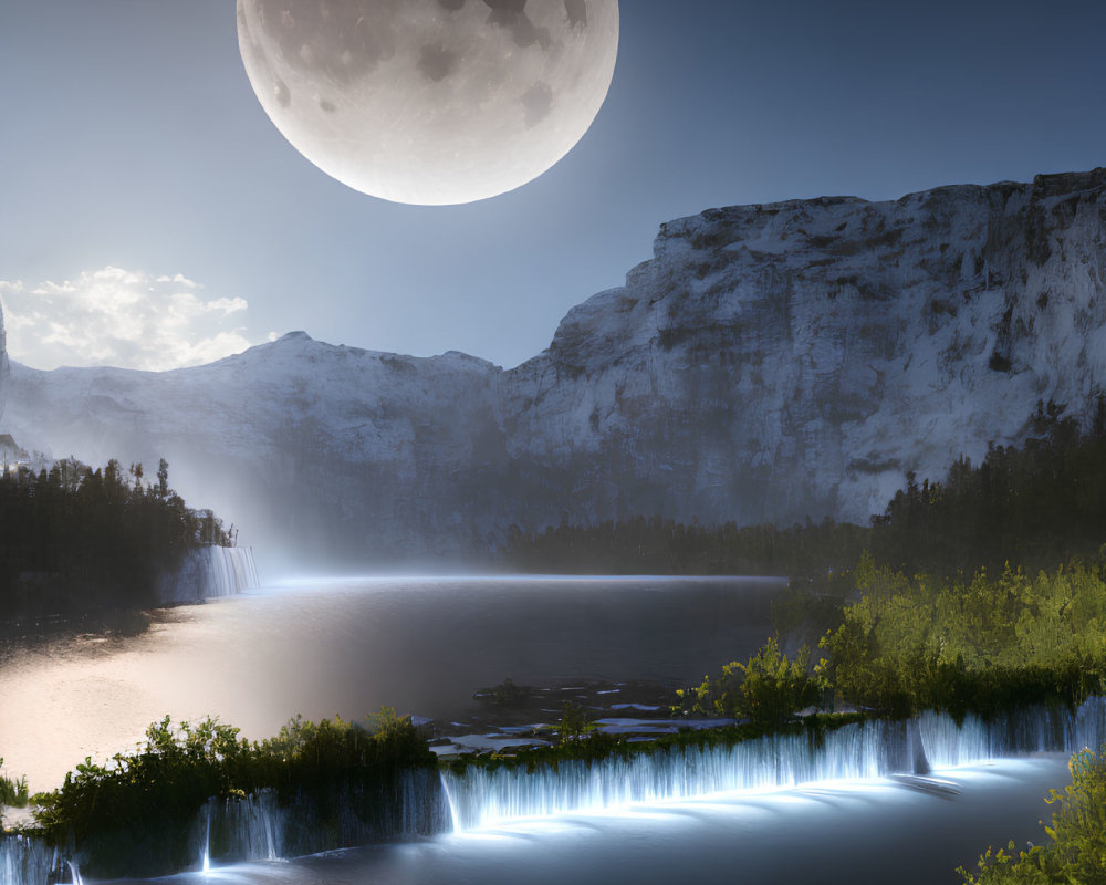 Detailed Moon Over Misty Forest, Mountains, Waterfalls & Lake