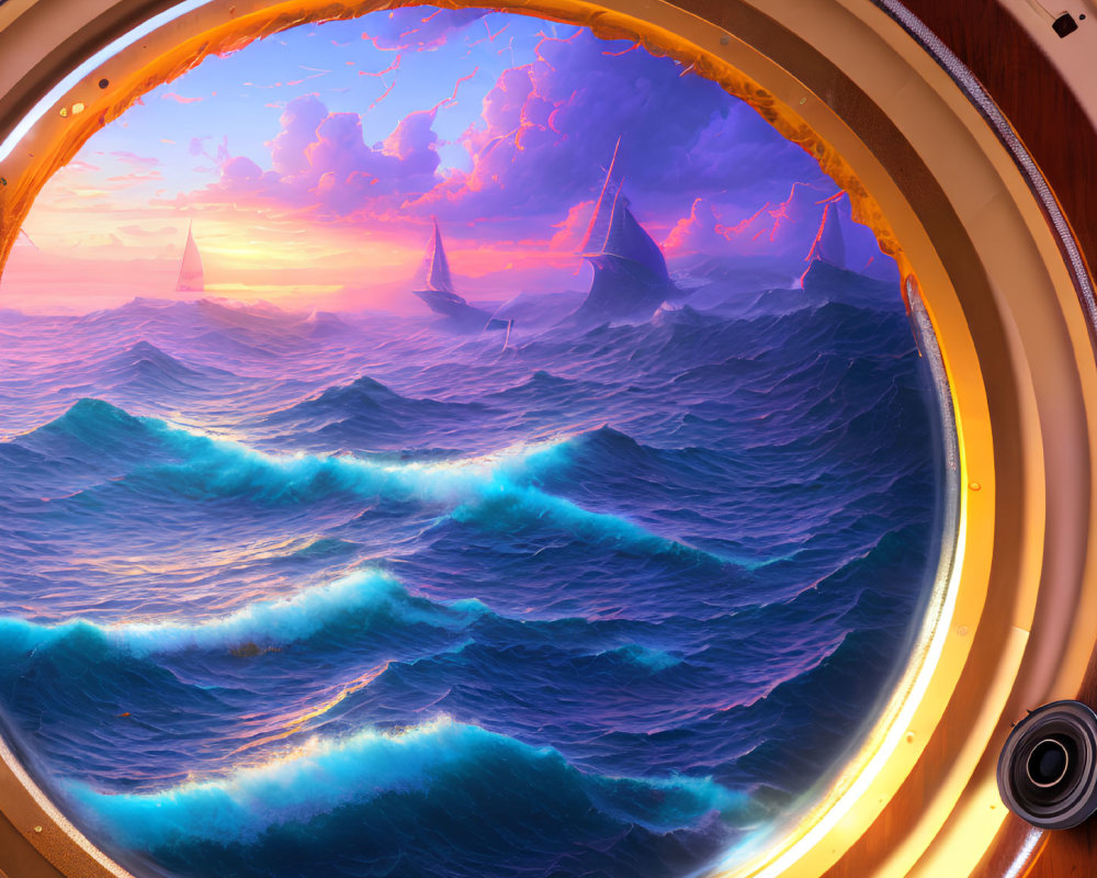 Sunset view from ship porthole: glowing ocean waves, distant sailing ships, dramatic sky with