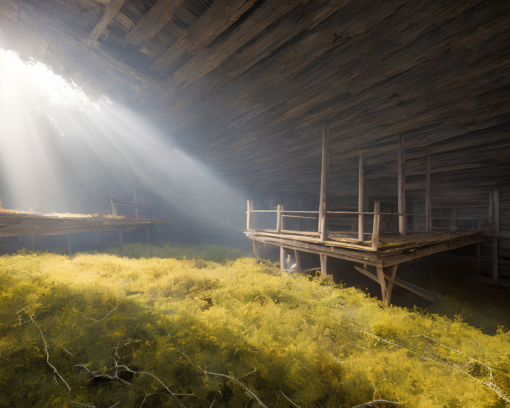 Sunbeams illuminate overgrown ferns in old wooden attic