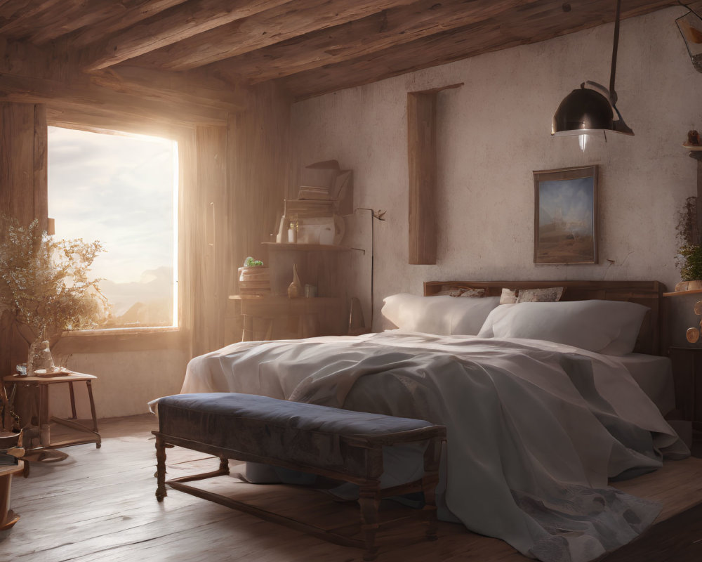 Cozy Rustic Bedroom with Sunlit Window & Wooden Beams