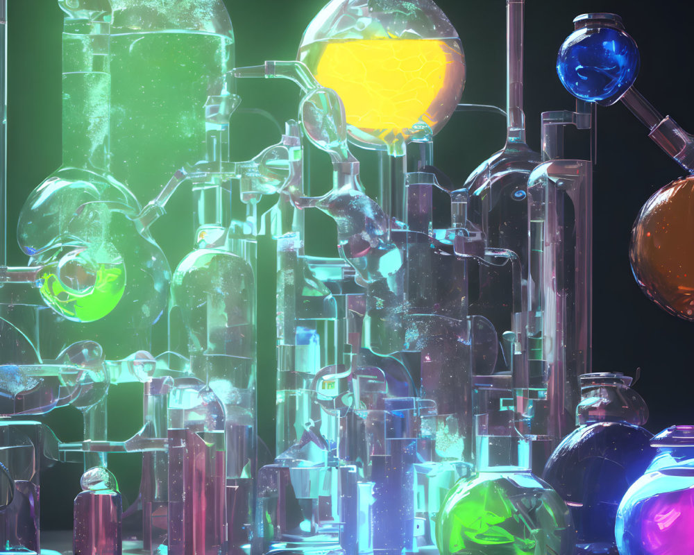 Colorful glowing glassware and chemical flasks interconnected with liquids under bright studio lighting