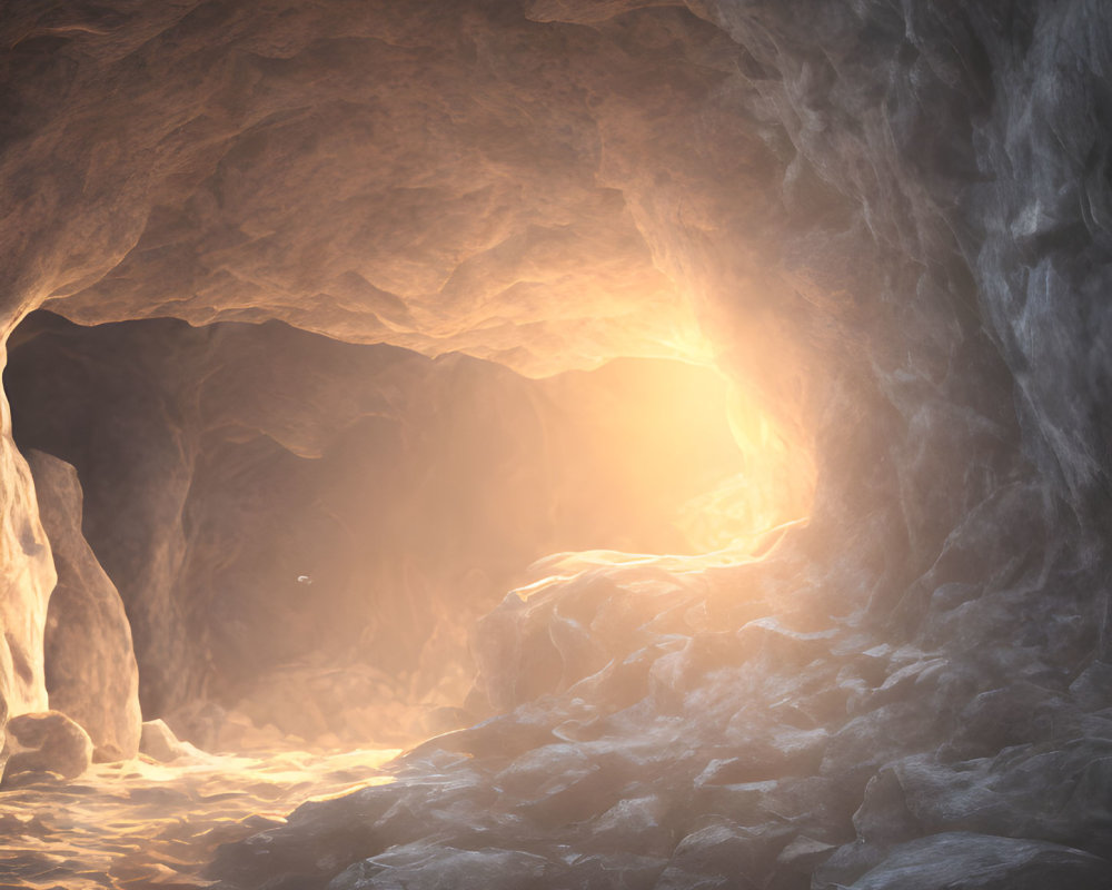 Sunlight illuminates rocky cave entrance and textured stone walls