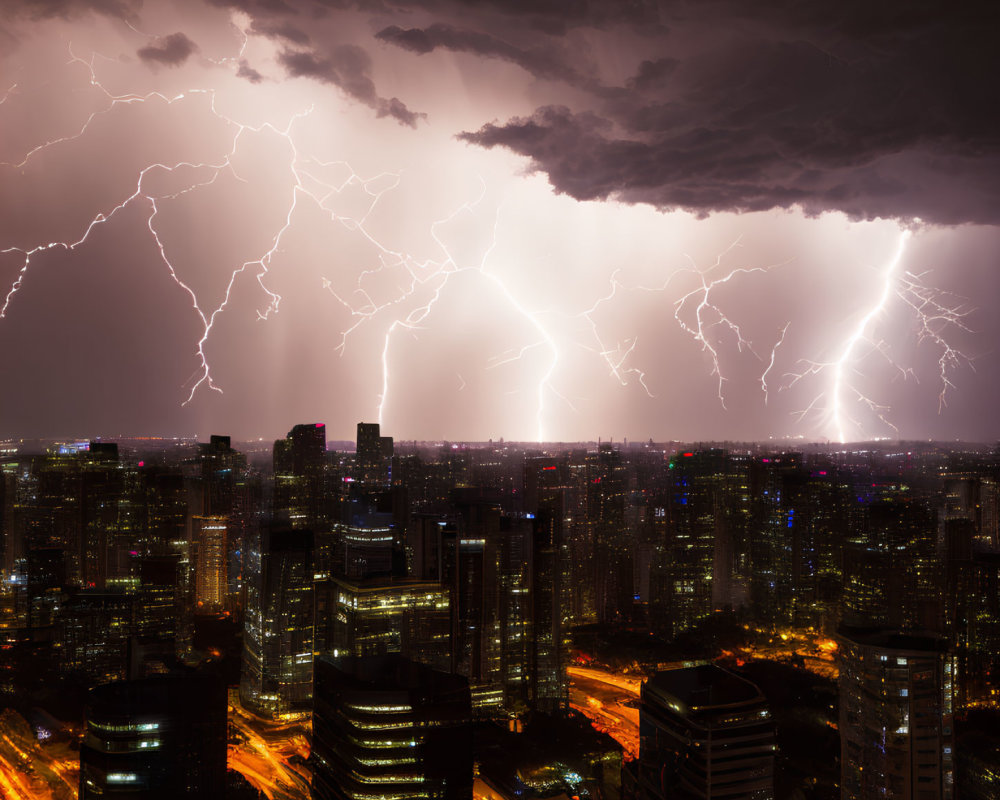 Cityscape Night Scene with Lightning Strikes illuminating Skyscrapers