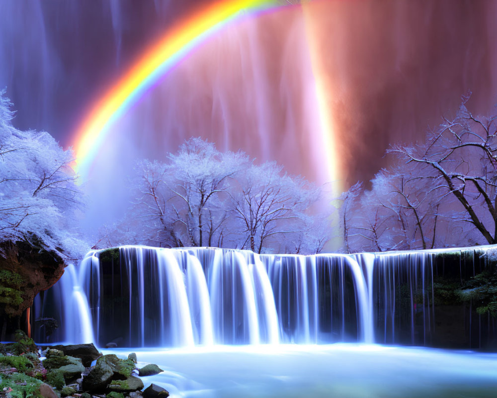 Vibrant rainbow over illuminated waterfall and white trees at twilight
