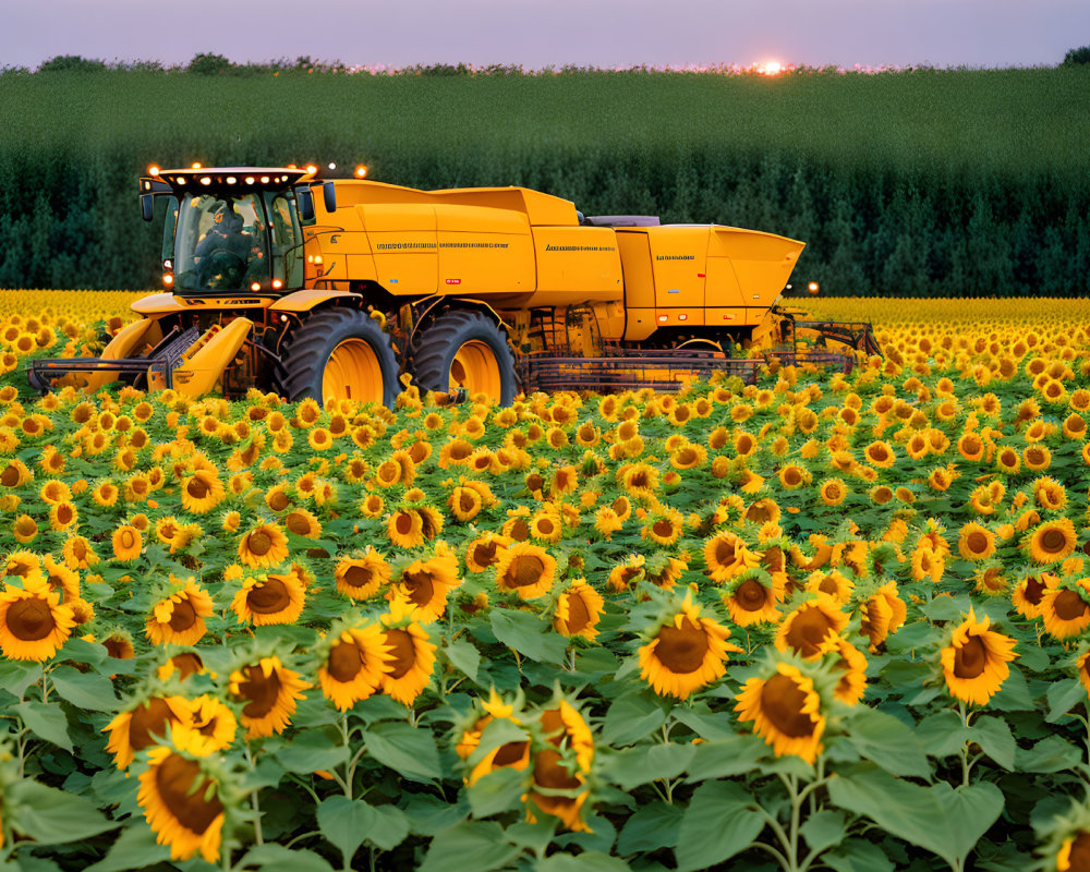 Yellow combine harvester harvesting sunflowers at sunset.