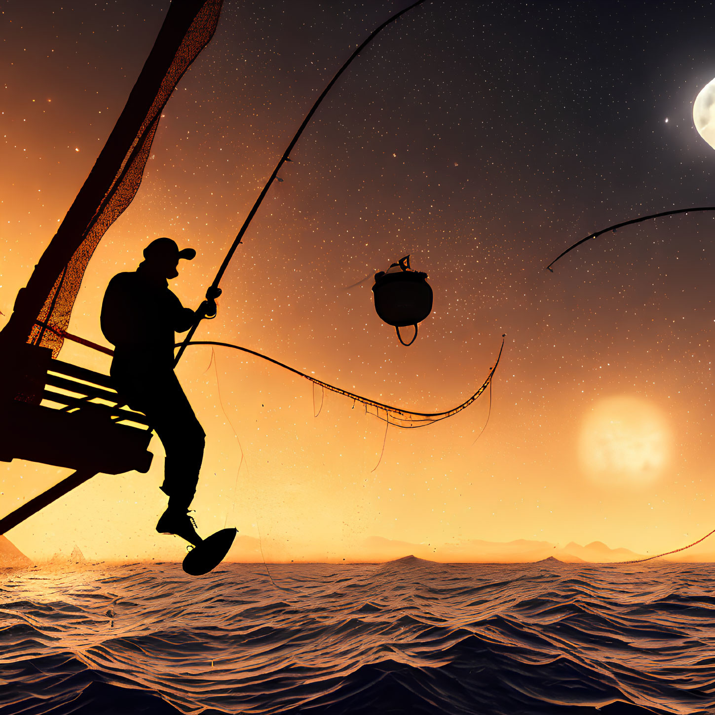 Silhouette of person fishing at sunset with surreal celestial backdrop