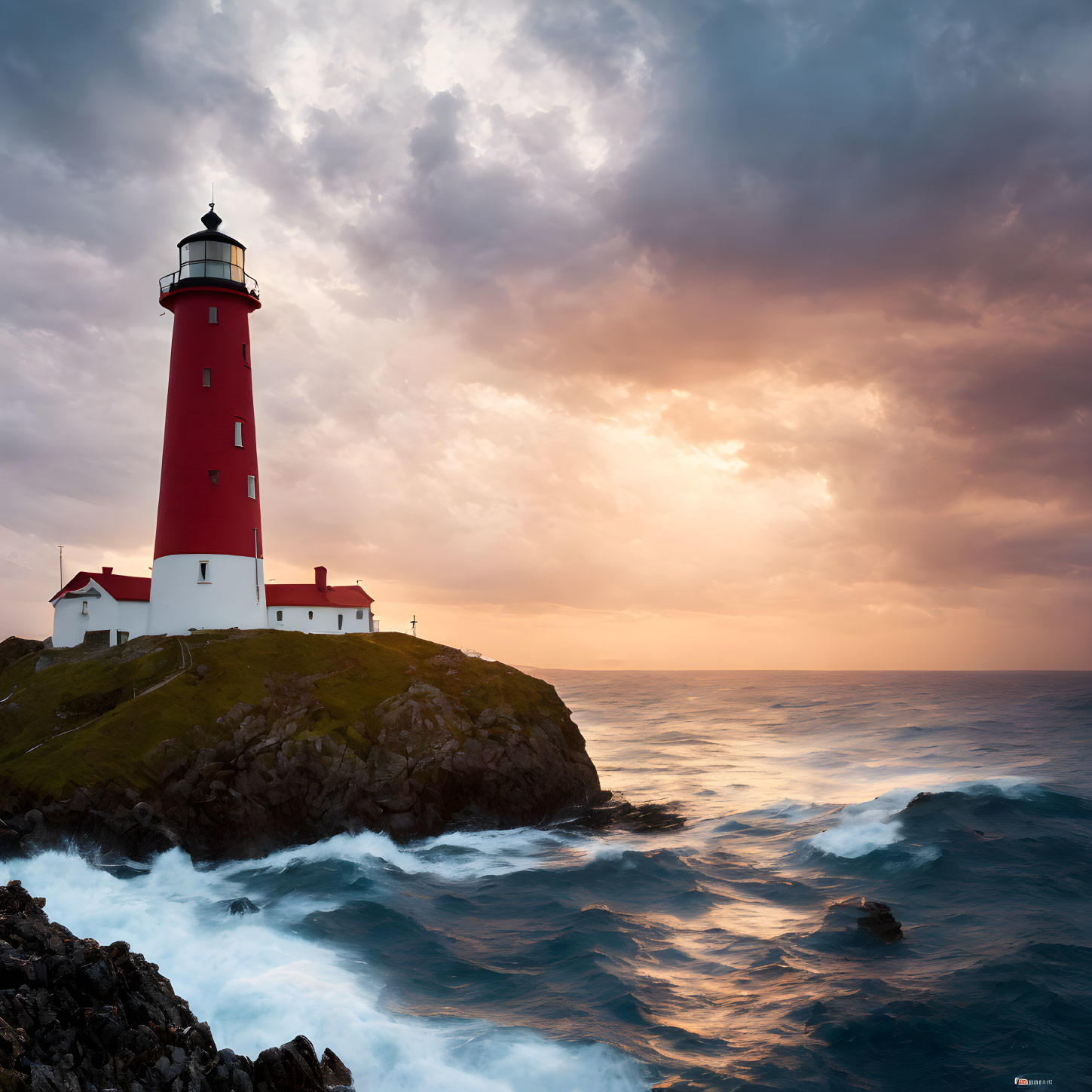 Majestic red and white lighthouse on rugged cliff at sunset