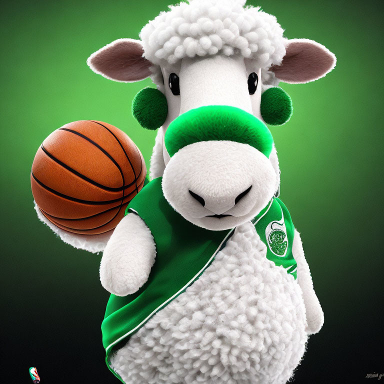 Cartoon sheep in green basketball jersey spinning ball on hoof