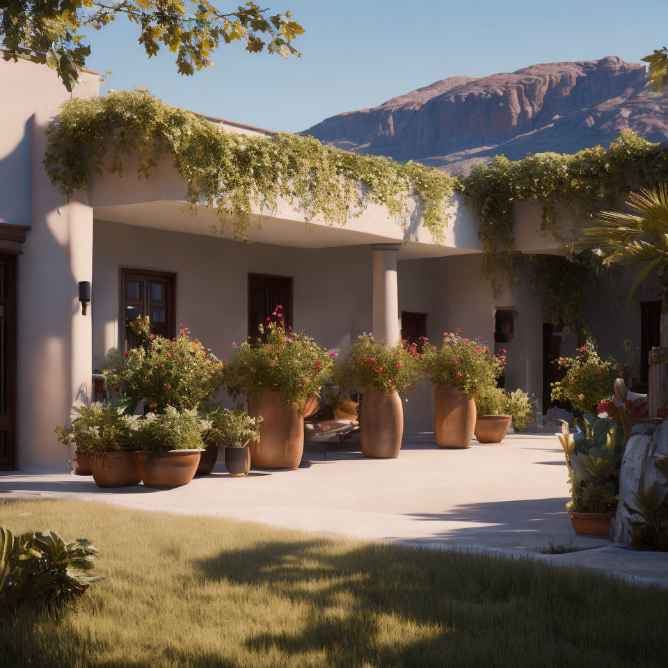 Tranquil courtyard with adobe house, potted plants, and mountain view