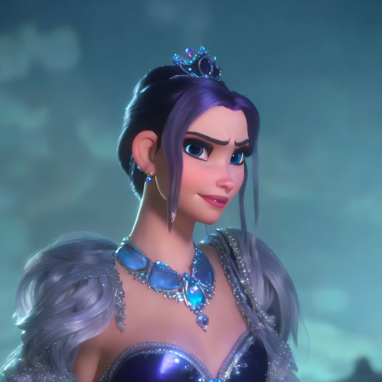 Animated princess with jeweled crown and blue dress in misty backdrop