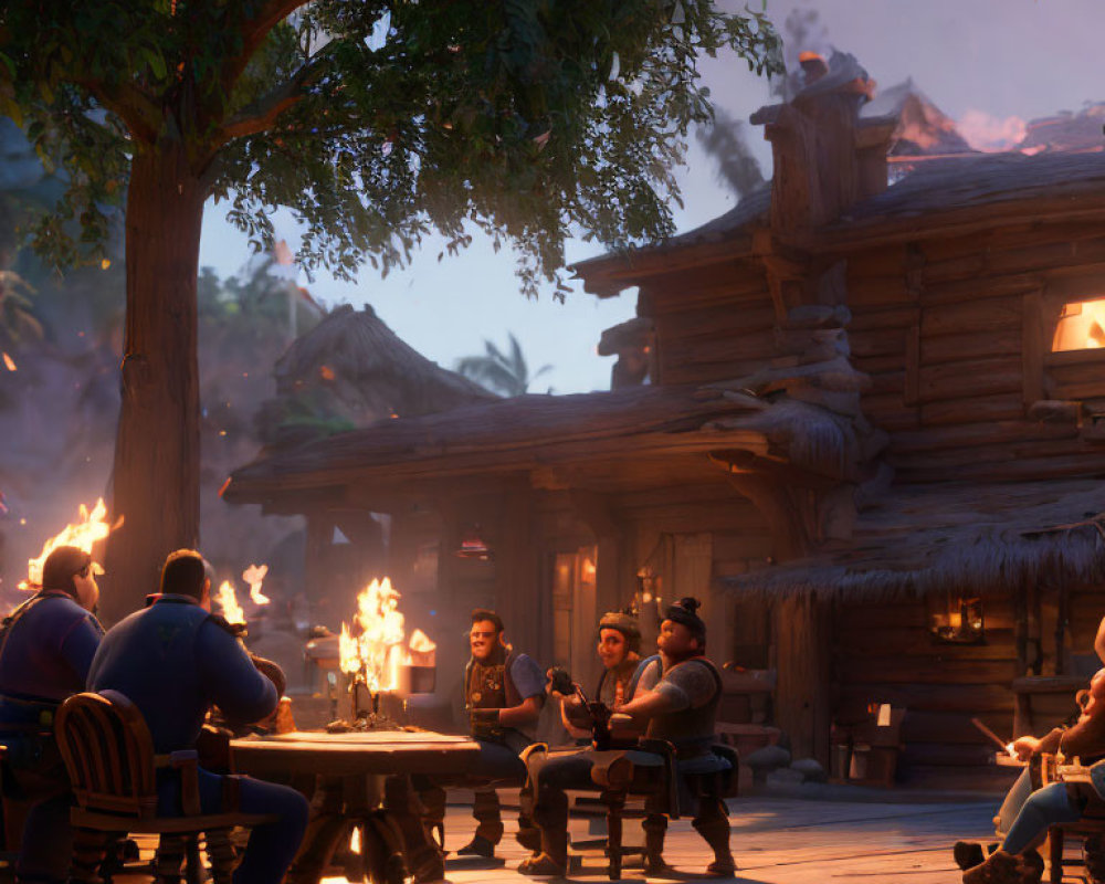 Animated Characters at Wooden Table Outside Rustic Tavern at Dusk