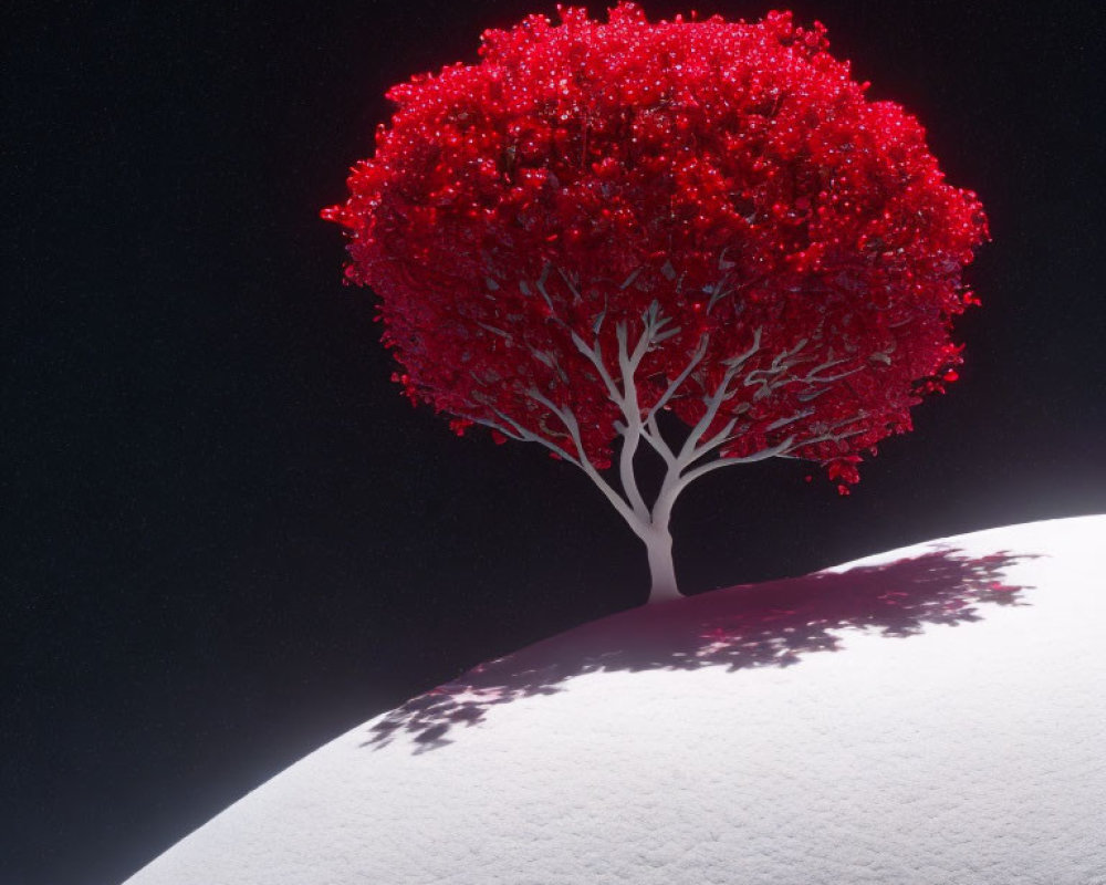 Vibrant red tree on curved white landscape under starry sky