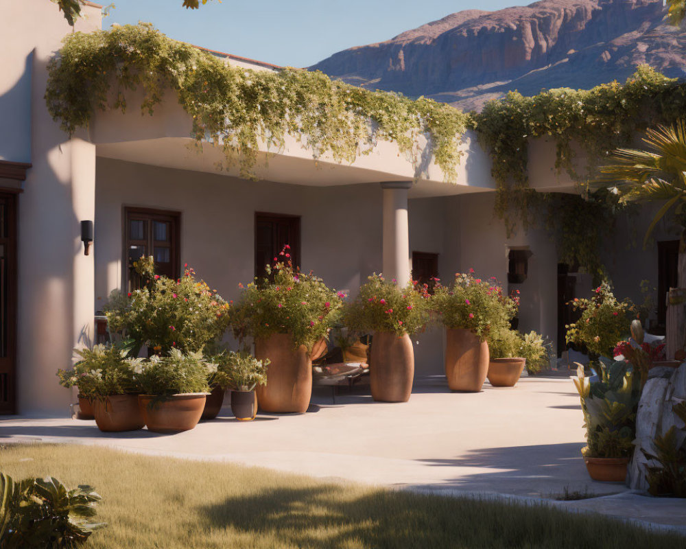 Tranquil courtyard with adobe house, potted plants, and mountain view