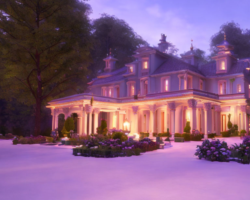 Luxurious estate at twilight with illuminated facade and serene misty gardens.