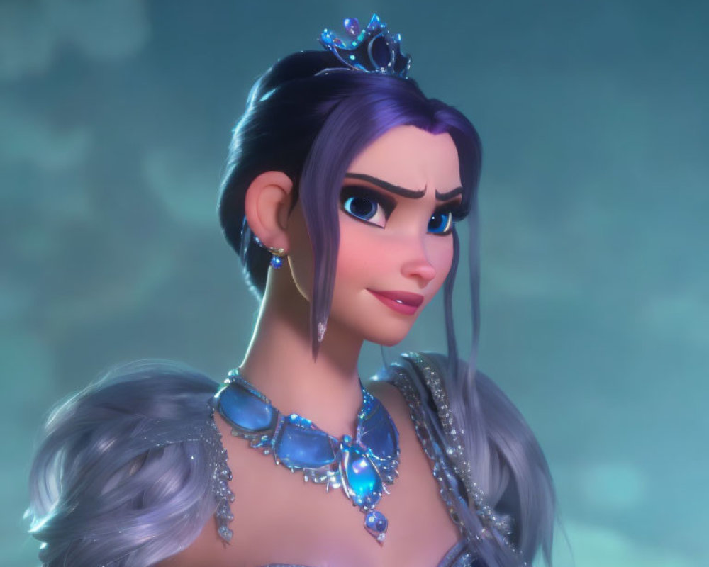Animated princess with jeweled crown and blue dress in misty backdrop
