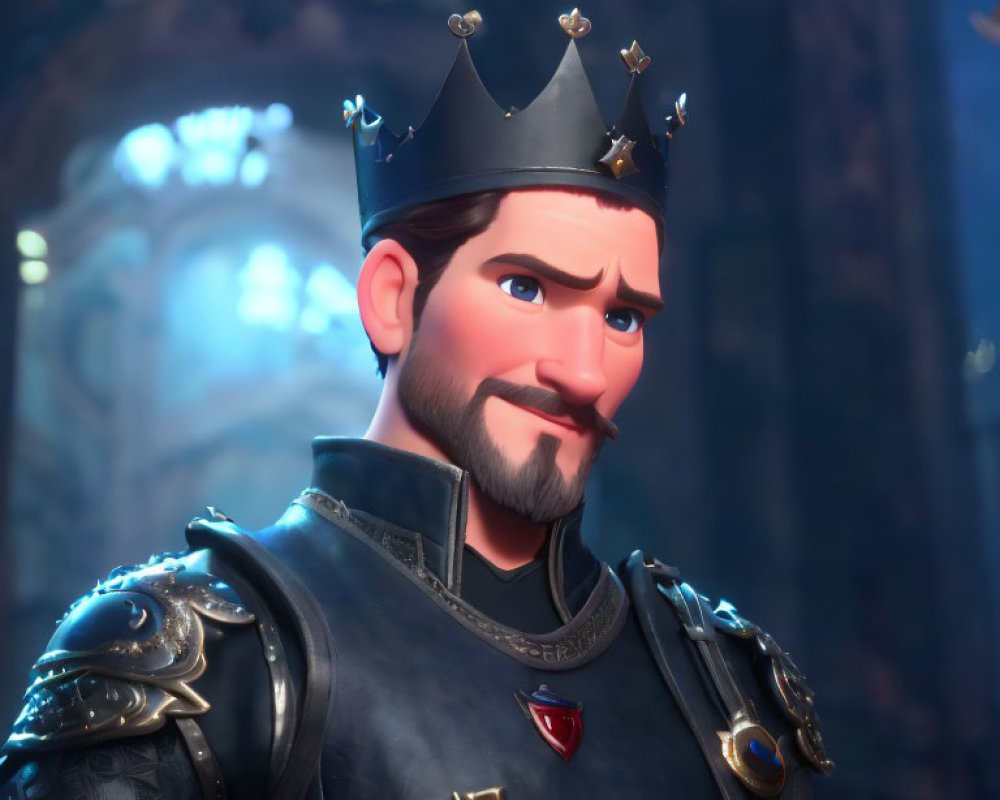 Regal 3D animated king in blue and silver armor with crown, beard, and mustache