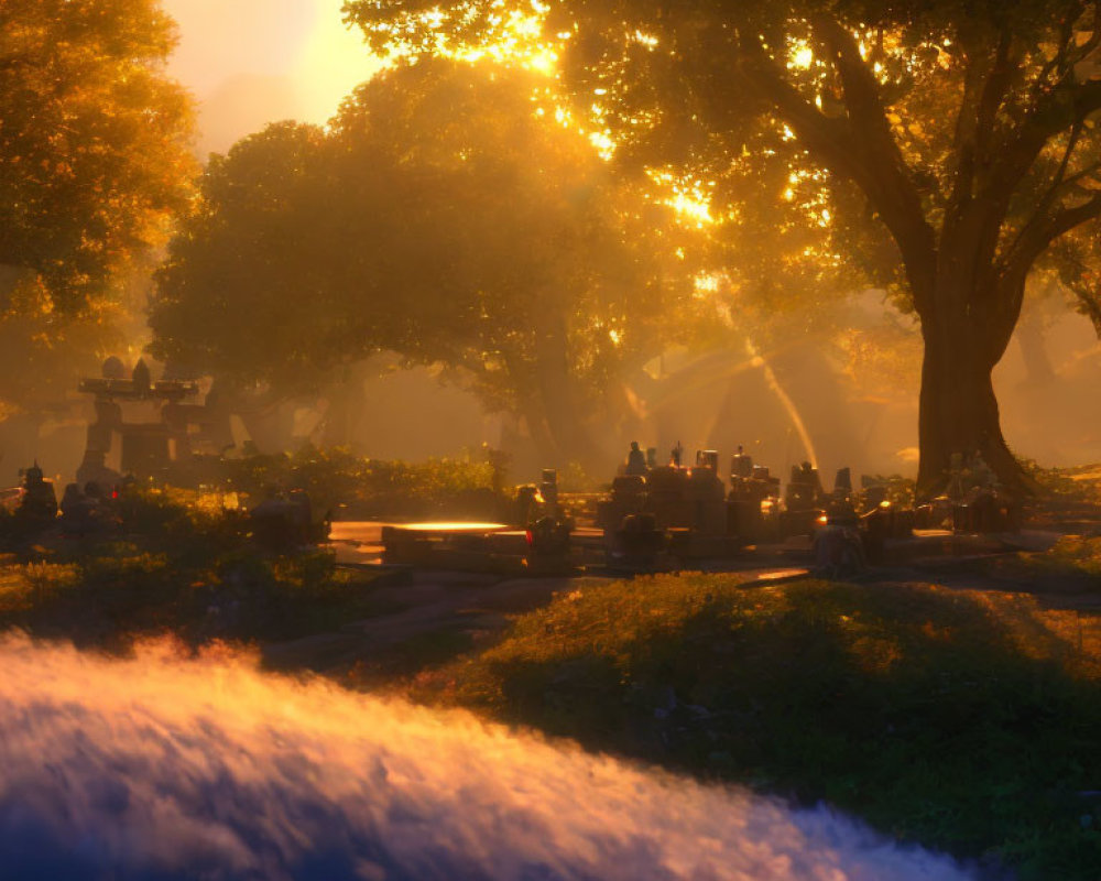 Golden sunlight illuminates serene park with benches and fountain amidst morning mist