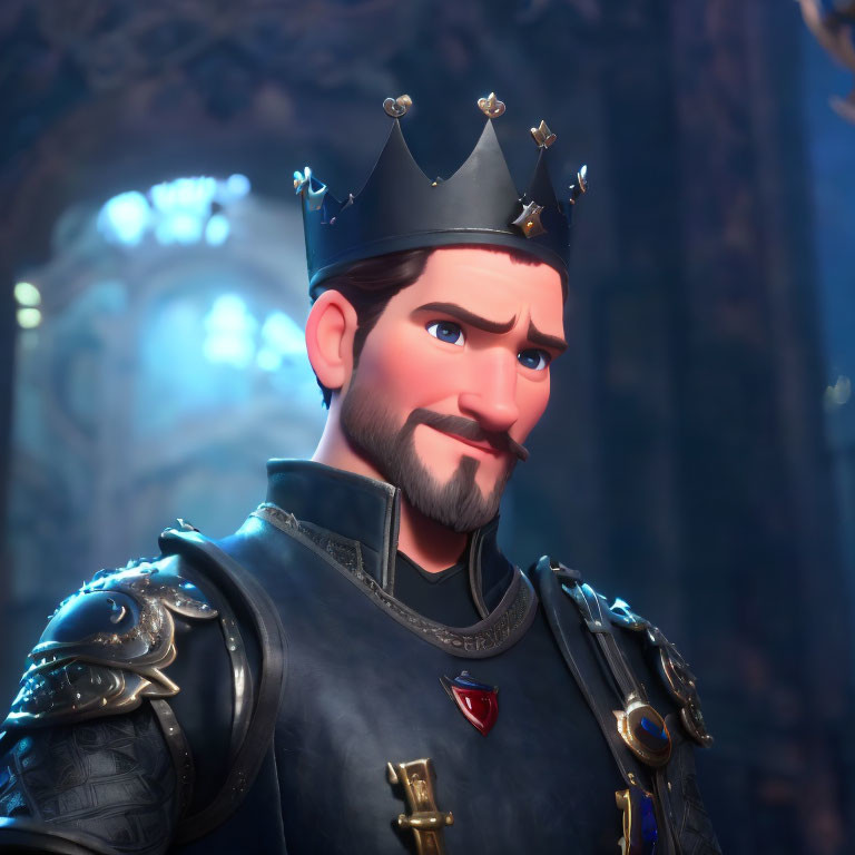 Regal 3D animated king in blue and silver armor with crown, beard, and mustache
