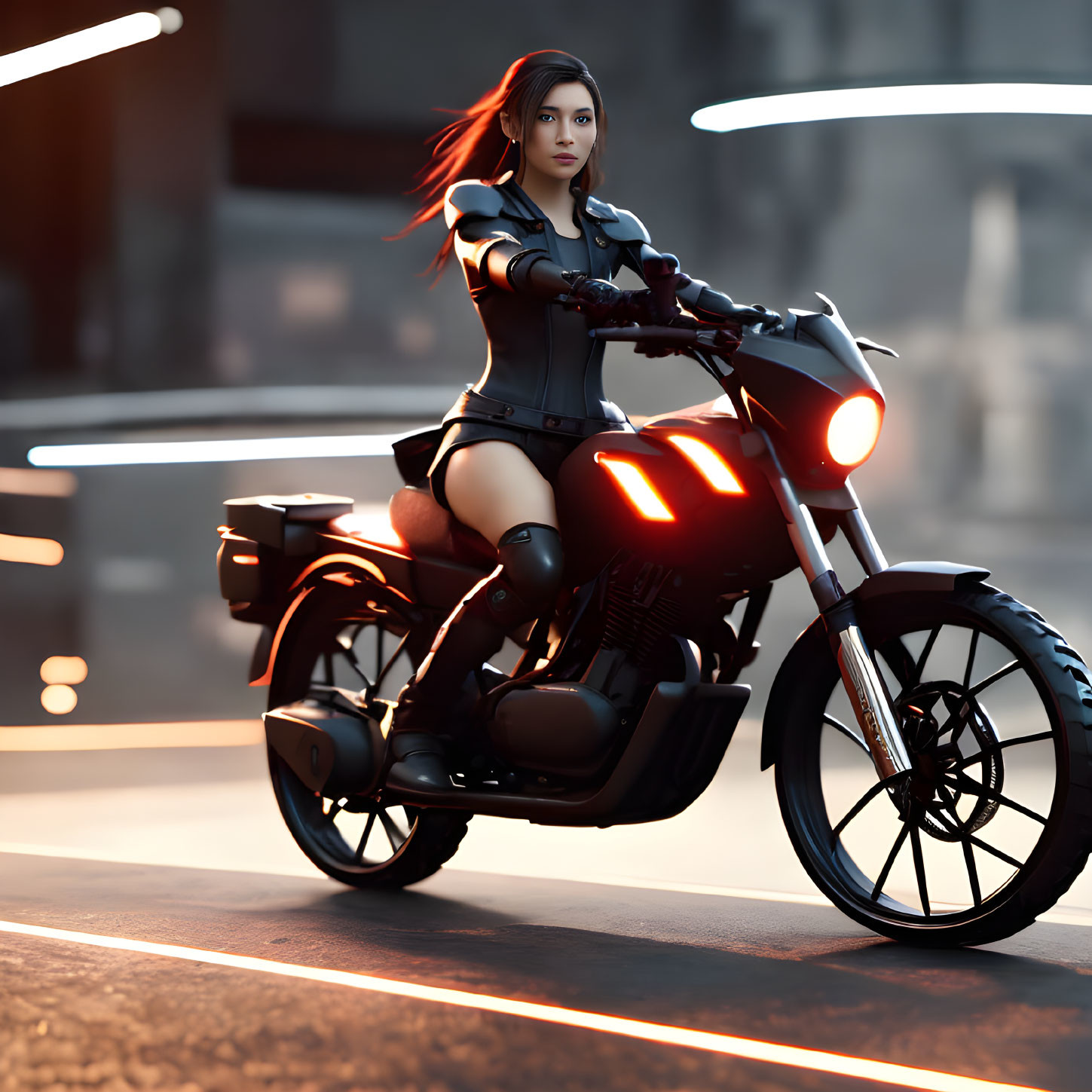 Digital illustration: Red-haired woman on futuristic motorcycle in neon-lit urban street