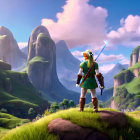 Blond character in green attire gazes at rock formations on grassy terrain