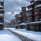 Snowy Street Scene with Old-fashioned Buildings and Tire Tracks