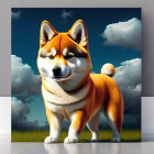 Digital illustration of Shiba Inu dog in grassy field with blue sky