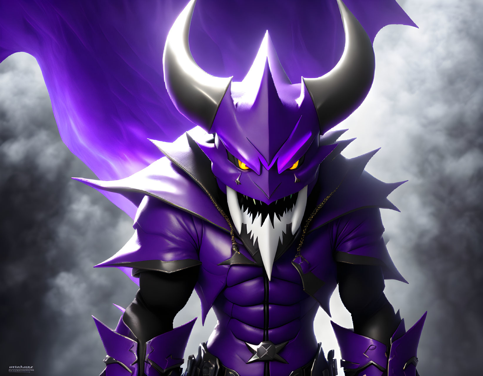 Dark Armor with Purple Accents and Horned Helmet on Intimidating Figure