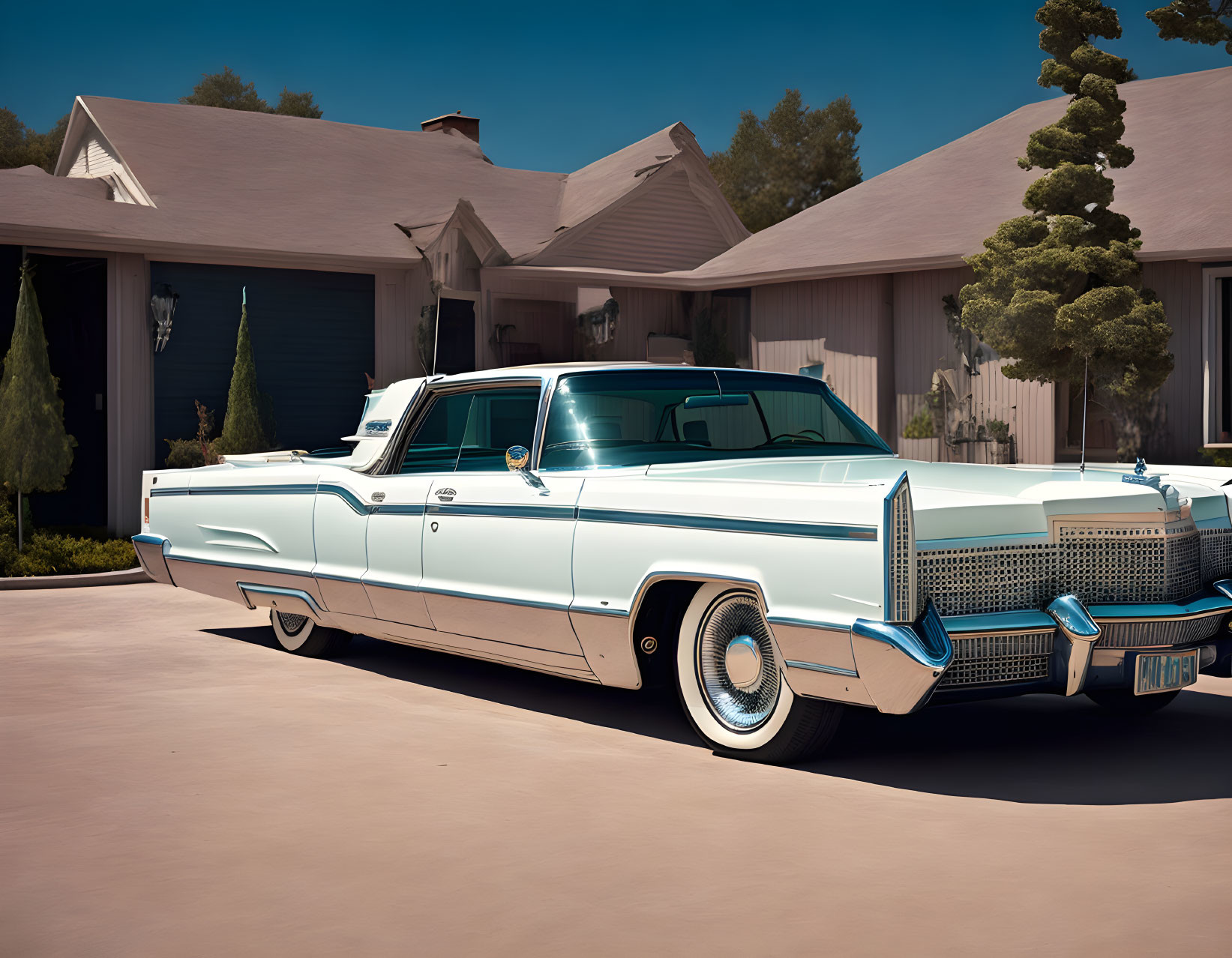 Vintage white Cadillac parked in front of mid-century modern house under clear skies